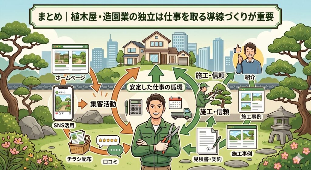 まとめ｜植木屋・造園業の独立は仕事を取る導線づくりが重要
