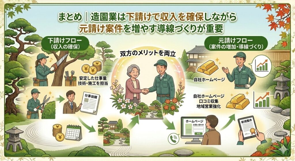 まとめ|造園業は下請けで収入を確保しながら元請け案件を増やす導線づくりが重要