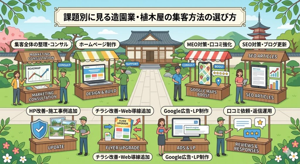 課題別に見る造園業・植木屋の集客方法の選び方
