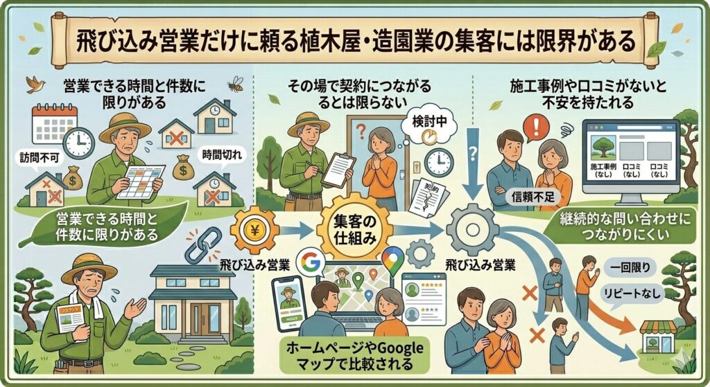 飛び込み営業だけに頼る植木屋・造園業の集客には限界がある