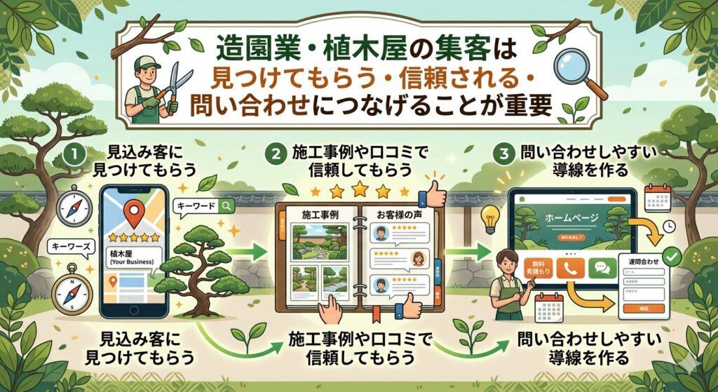 造園業・植木屋の集客は見つけてもらう・信頼される・問い合わせにつなげることが重要