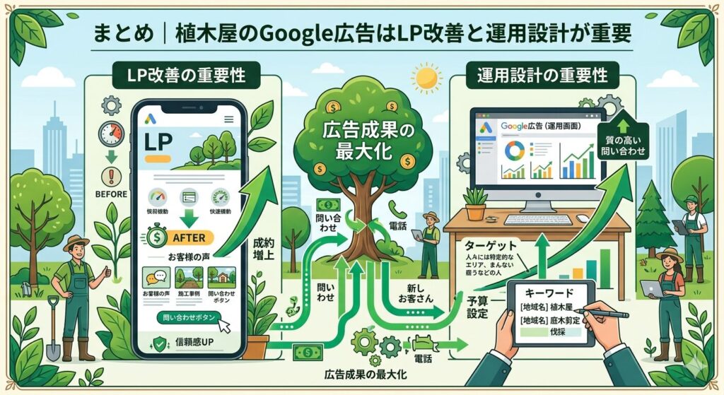 まとめ｜植木屋のGoogle広告はLP改善と運用設計が重要