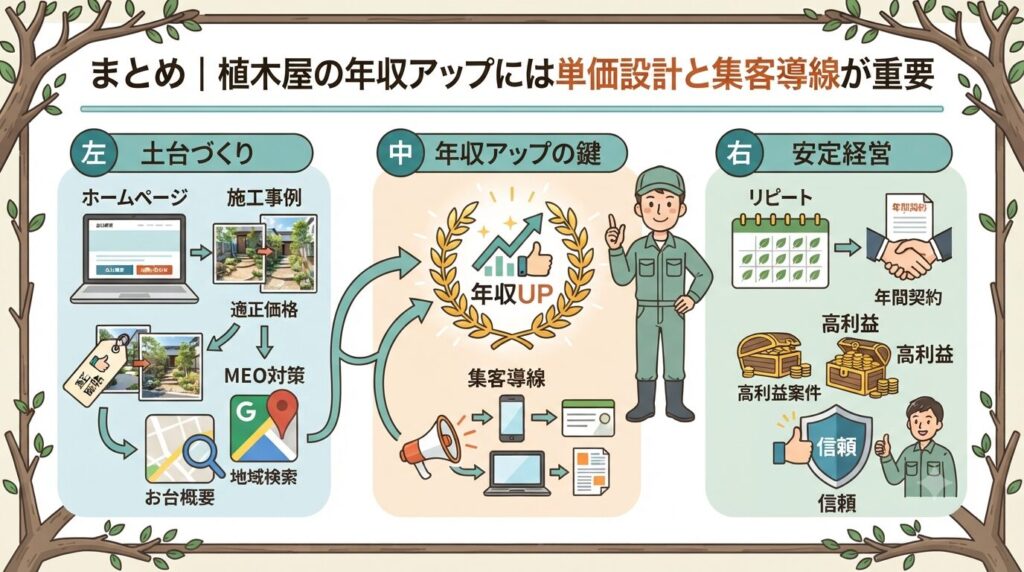 まとめ|植木屋の年収アップには単価設計と集客導線が重要