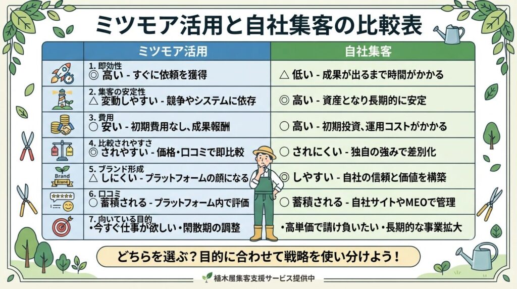 ミツモア活用と自社集客の比較表