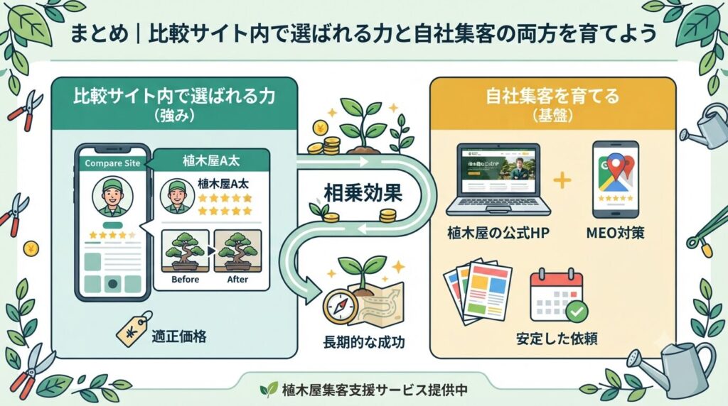 まとめ|比較サイト内で選ばれる力と自社集客の両方を育てよう