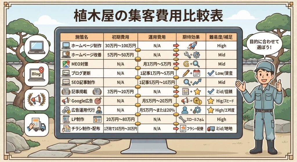 植木屋の集客費用比較表