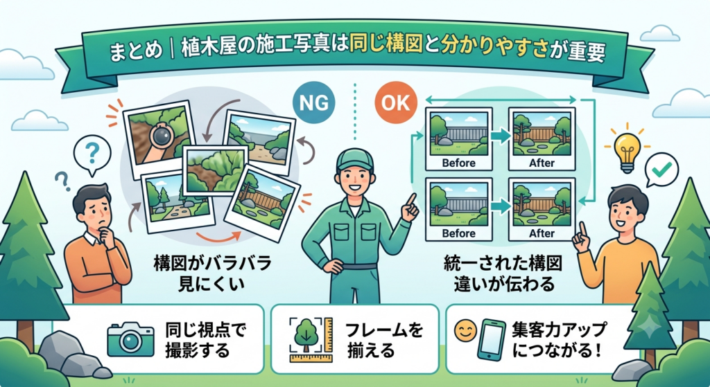 まとめ|植木屋の施工写真は同じ構図と分かりやすさが重要