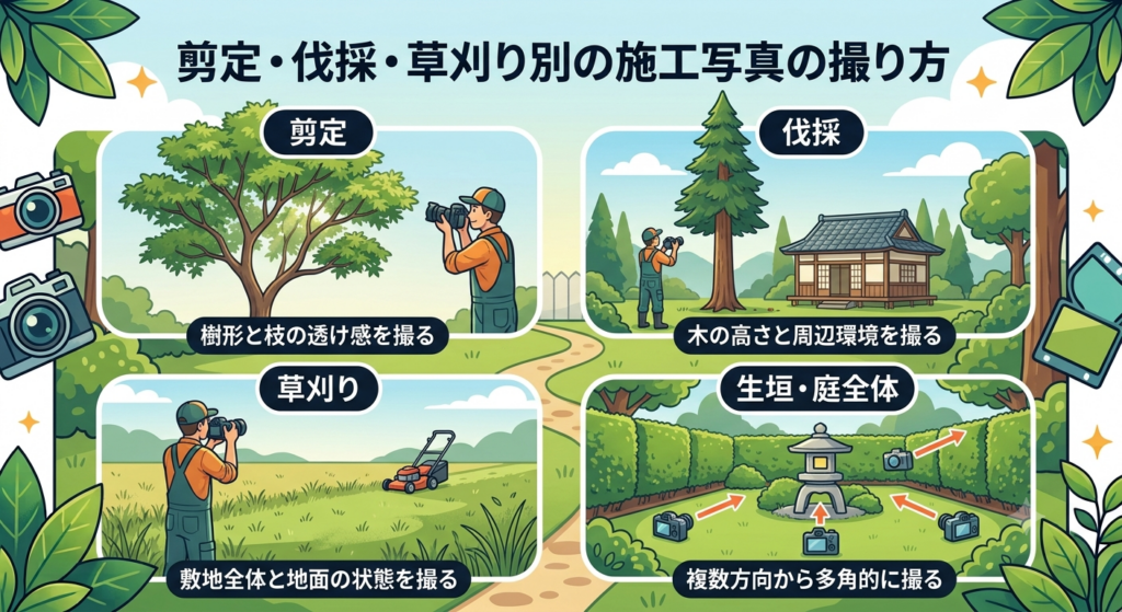 剪定・伐採・草刈り別の施工写真の撮り方
