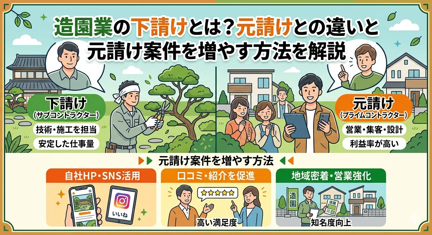 造園業の下請けとは？元請けとの違いと元請け案件を増やす方法を解説