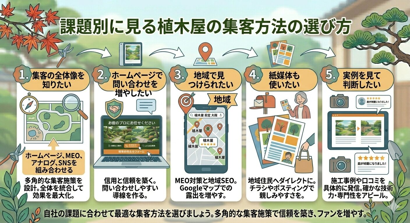 課題別に見る植木屋の集客方法の選び方