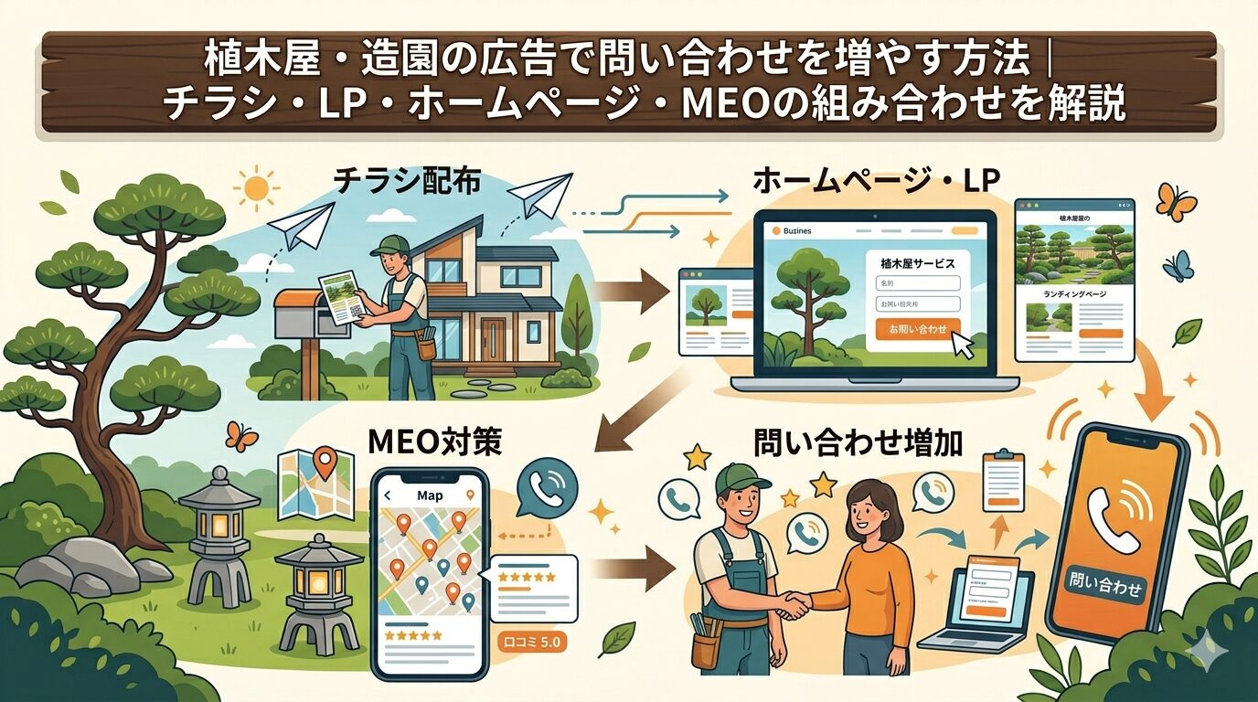 植木屋・造園の広告で問い合わせを増やす方法｜チラシ・LP・ホームページ・MEOの組み合わせを解説
