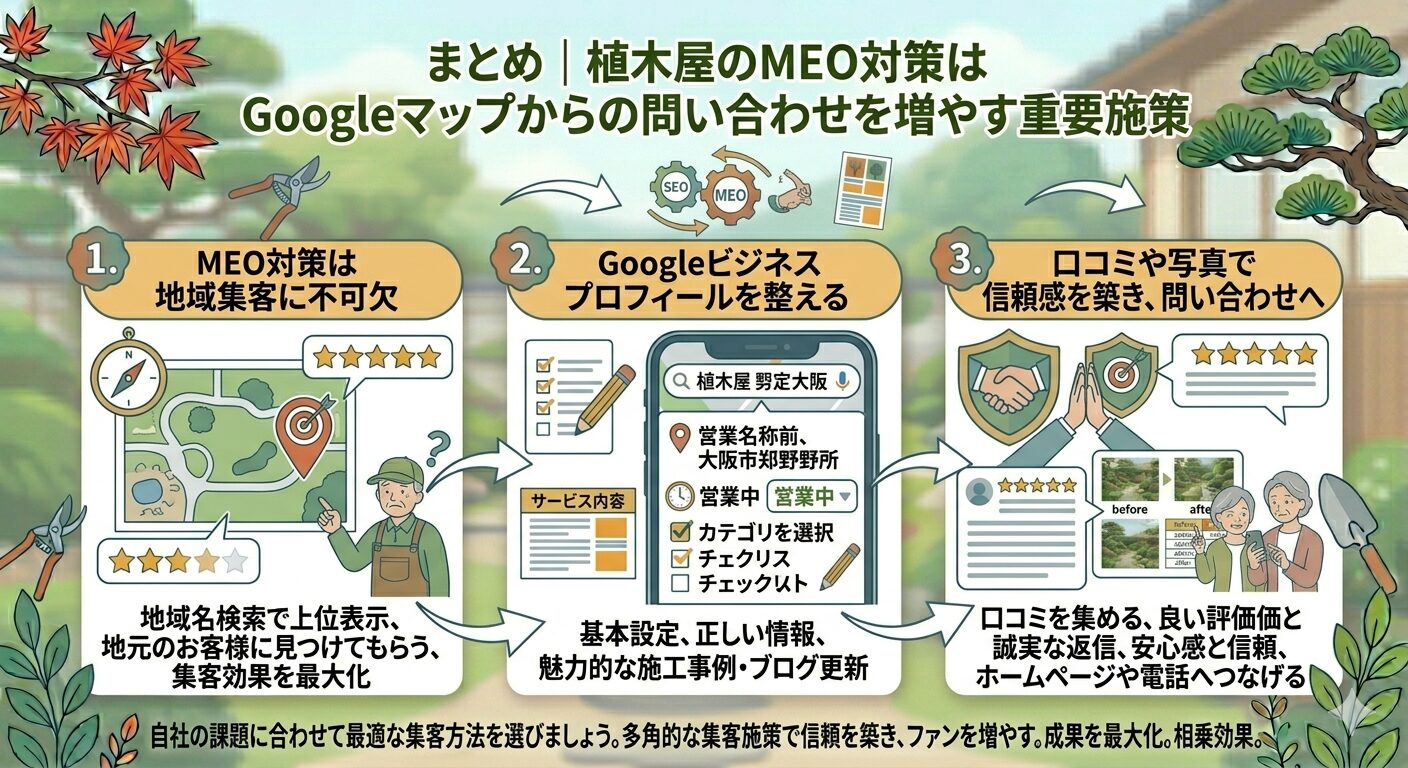 まとめ｜植木屋のMEO対策はGoogleマップからの問い合わせを増やす重要施策