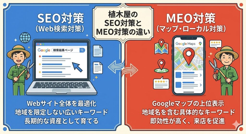 植木屋のSEO対策とMEO対策の違い
