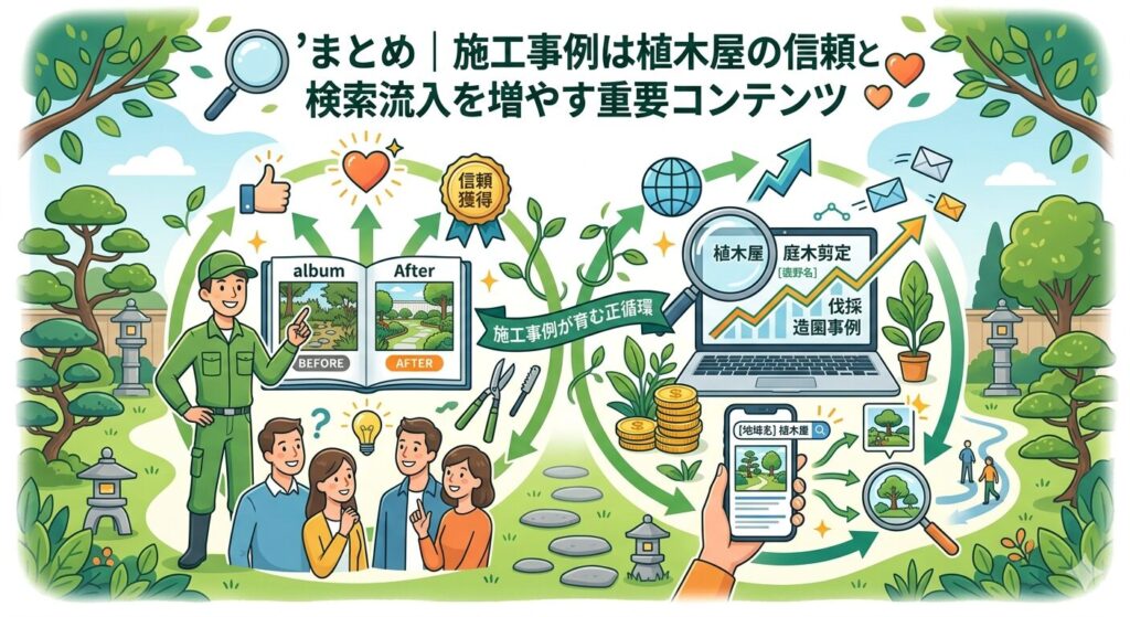 まとめ｜施工事例は植木屋の信頼と検索流入を増やす重要コンテンツ