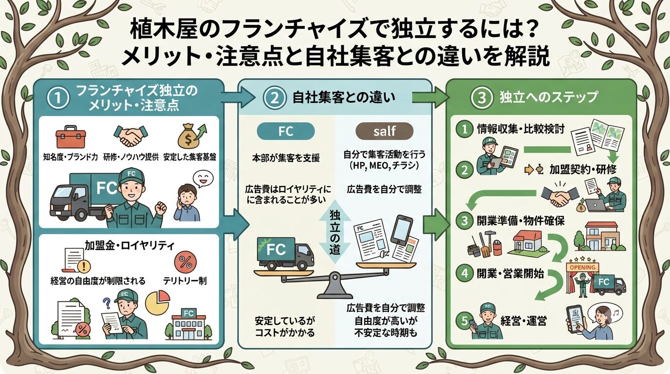 植木屋のフランチャイズで独立するには？メリット・注意点と自社集客との違いを解説