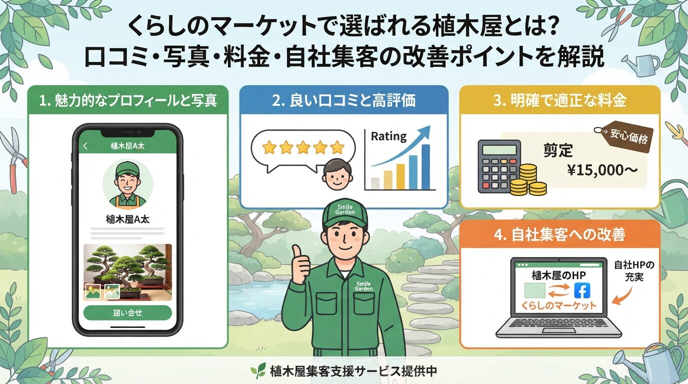 くらしのマーケットで選ばれる植木屋とは？口コミ・写真・料金・自社集客の改善ポイントを解説