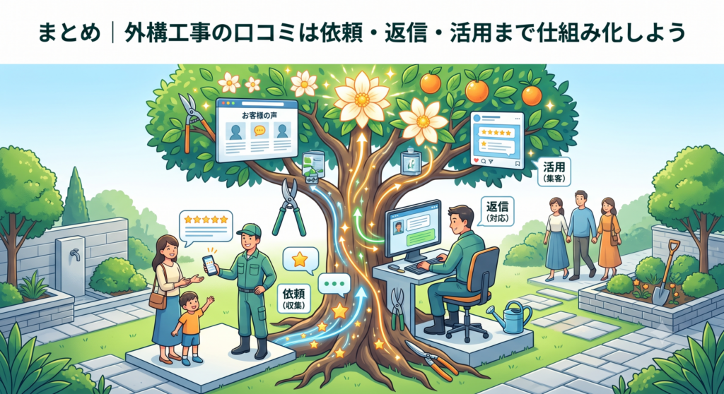 まとめ|外構工事の口コミは依頼・返信・活用まで仕組み化しよう